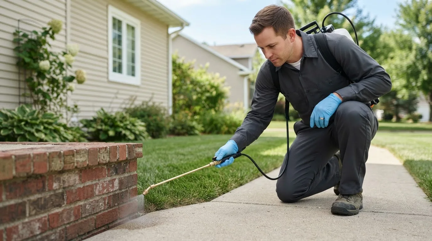 Pest control technician treating a home near Elsah, IL